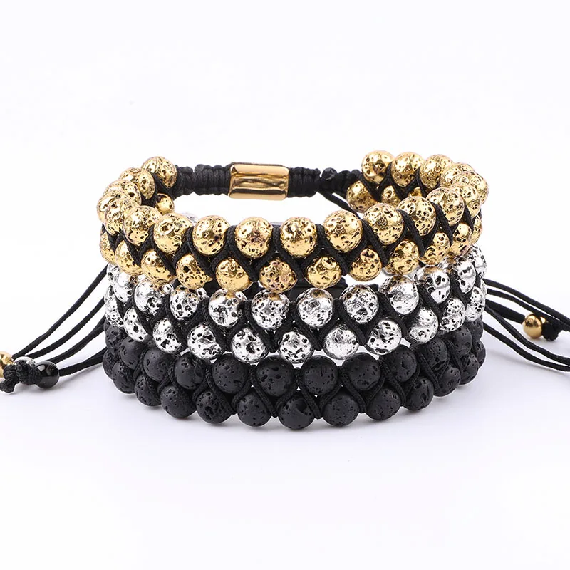 

New Fashion Vintage Gold Silver Plated Volcanic Lava Stone Double Layer Beads Braided Bracelet Men Women