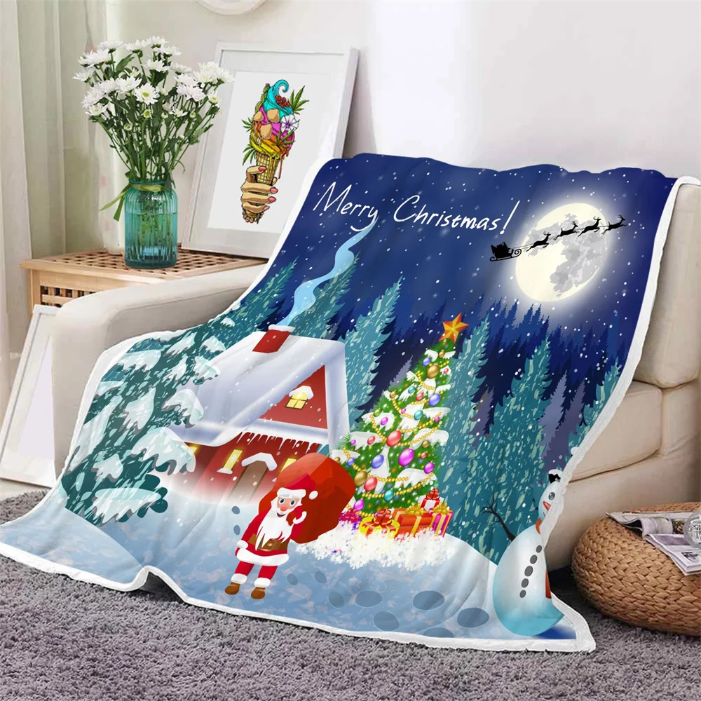 

CLOOCL Merry Christmas Blanket Santa Claus Elk Print Christmas Tree Flannel Blanket Bedding Blanket Throw Blanket Sherpa Blanket