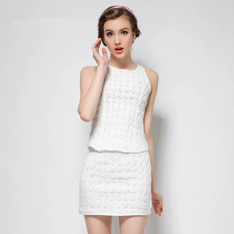 

2 Piece Set Elegant High End Women Suit Summer 2020 White O Neck Sleeveless Top and Mini Skirt Office Two Piece Set Vestidos