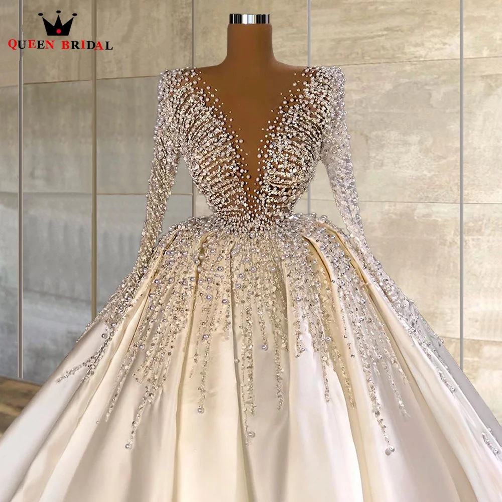 

Luxurious Wedding Dresses V-neck Ball Gown Long Train Satin Crystal Beaded Pearls Diamonds Formal Bride Dress Custom Make JY39