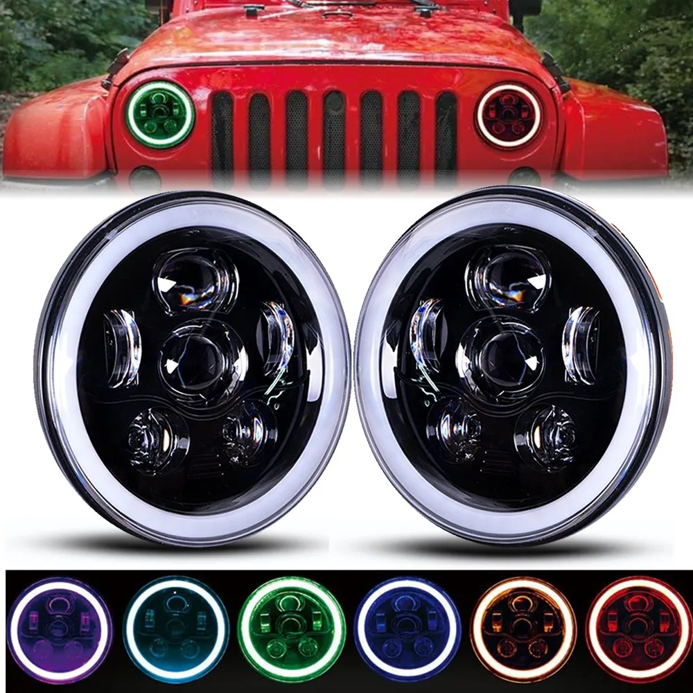 2pc 90W 7Inch Headlight Led RGB Halo Bluetooth App Control For Jeep Wrangler JK TJ Accessories For Hummer H1 H2