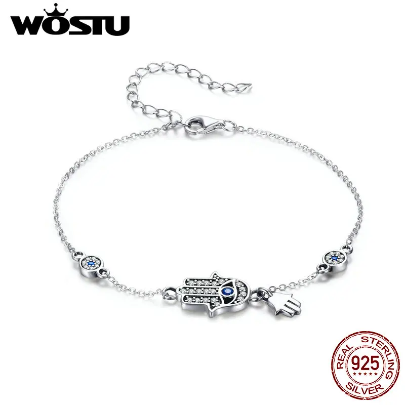 WOSTU 925 Sterling Silver Fatima of Hand Hamsa Eye Bracelets Blue Zircon Chain Link For Women Bangles Fashion 925 Jewelry CQB079