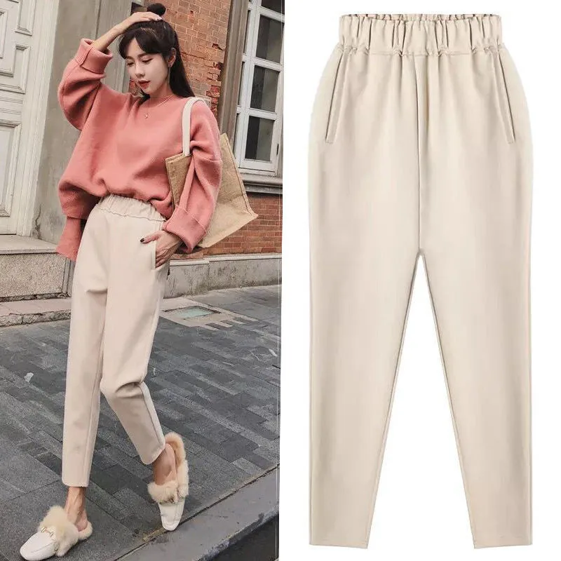 High Quality 2019 Winter High Waist Women's Harem Pants Woolen Women Casual Solid Warm Female Long Trousers