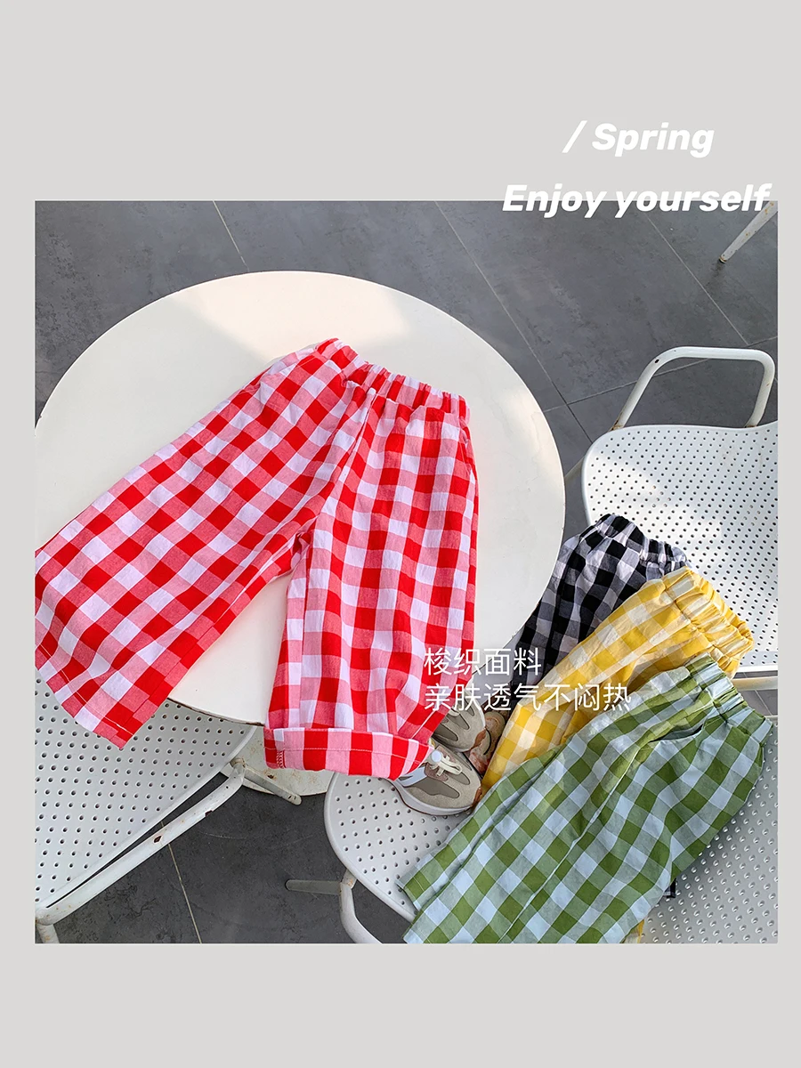 2024 Spring Summer Girls Casual Wide Leg Plaid Ankle Length Pant Baby Kids Children Trousers