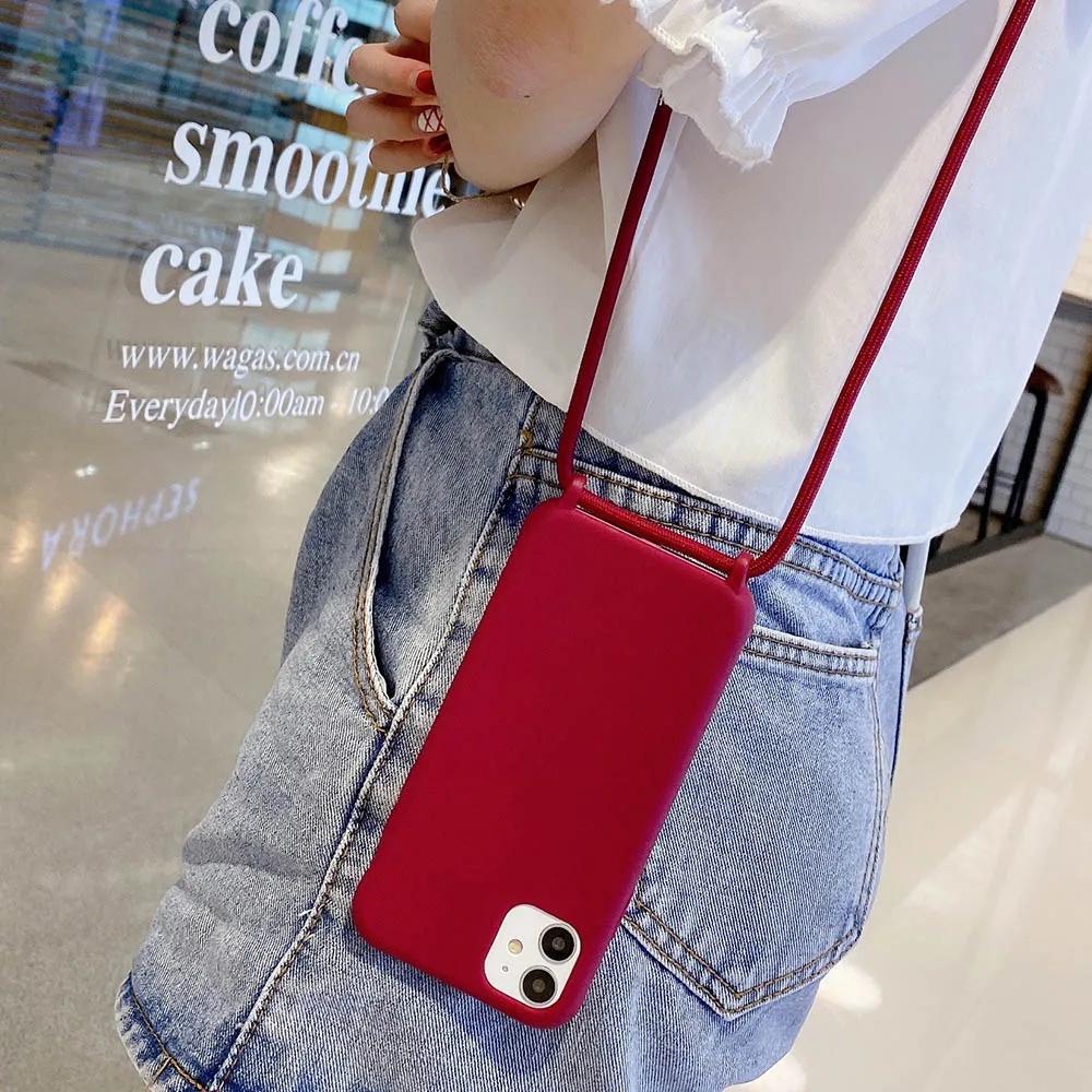 Custodia per telefono in tinta unita per iPhone 13 12 Mini 11 Pro Max XR X XS Max 6 7 8 Plus cordino collana catena appendere cinturino corda copertura corda