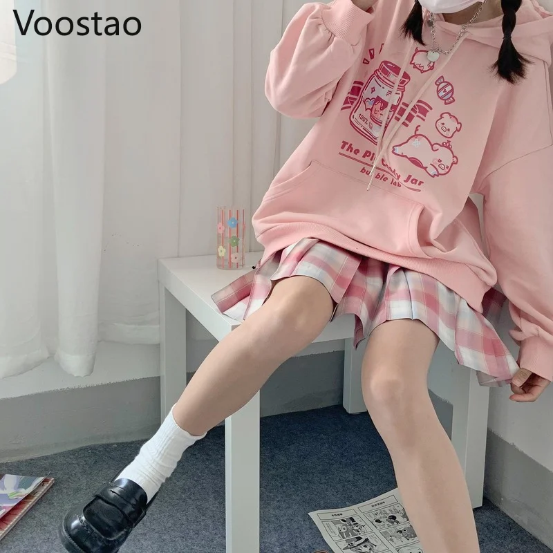 Spring Autumn Harajuku Sweet Cute Cartoon Print Hooded Sweatshirt Women Kawaii Loose Hoodies Student Girly Chic Y2K O-Neck Tops