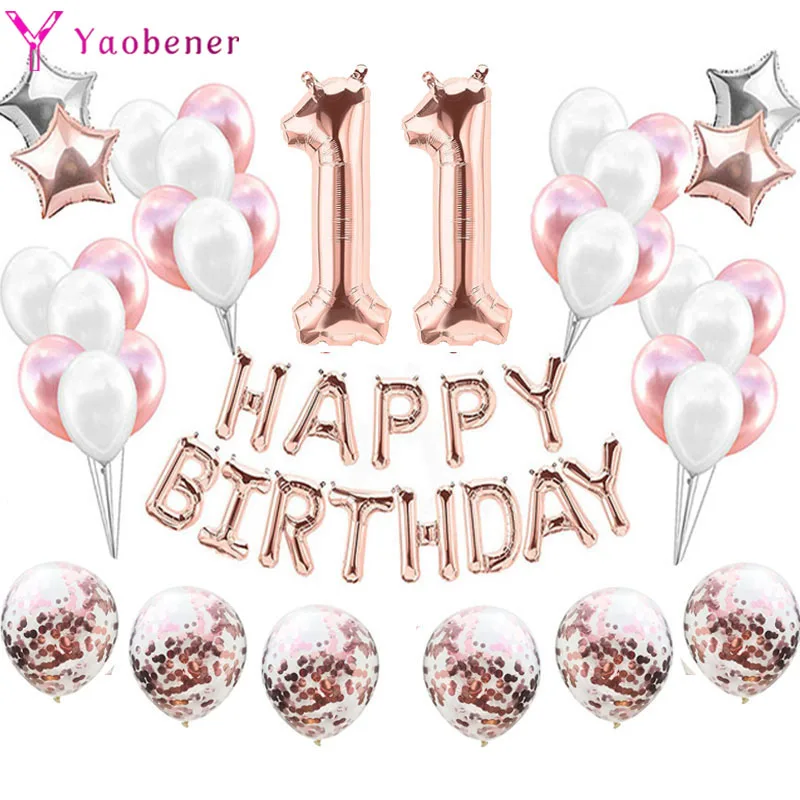 Rose Gold 11 Birthday Balloons Number Foil Confetti Helium Globos Boy Girl Party Decorations 11th Years Old Anniversary Supplies