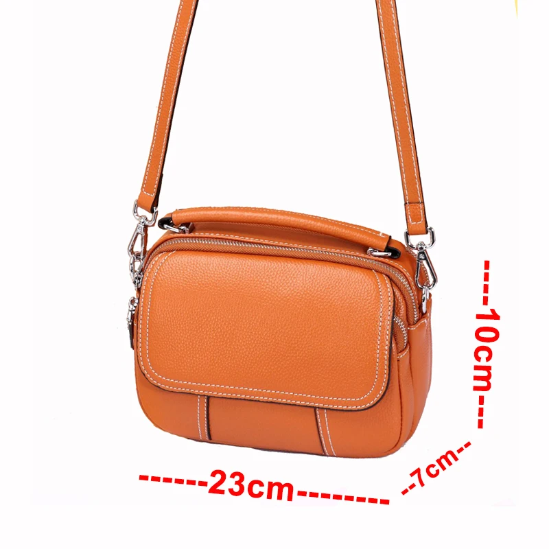 2 Zipper Compartments Bag, Women Genuine Leather Messenger Bag, 100% Natural Cowhide, Female Flap Shoulder Bag, A561