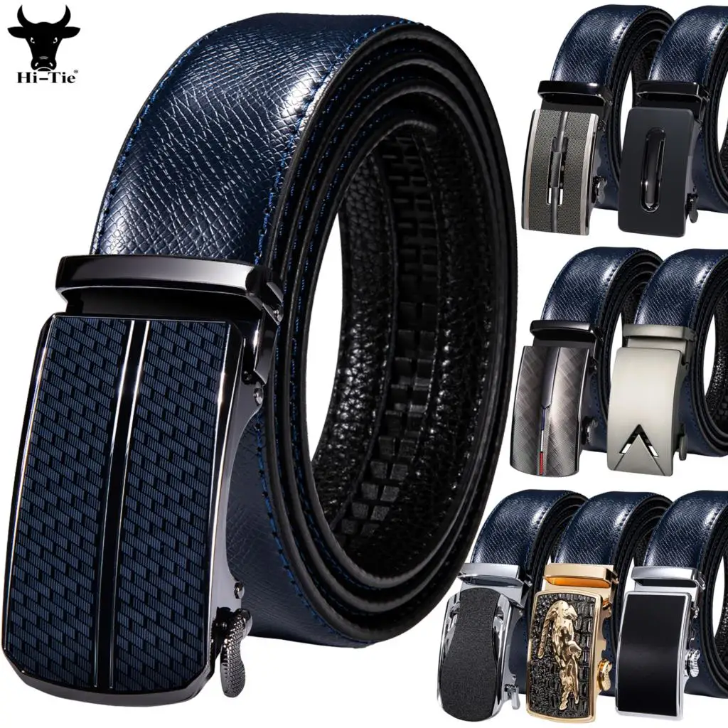 High Quality Brand Mens Belts Blue Cow Leather Automatic Buckles Ratchet Waistband Belt For Men Dress Jeans Suit Trousers Gift