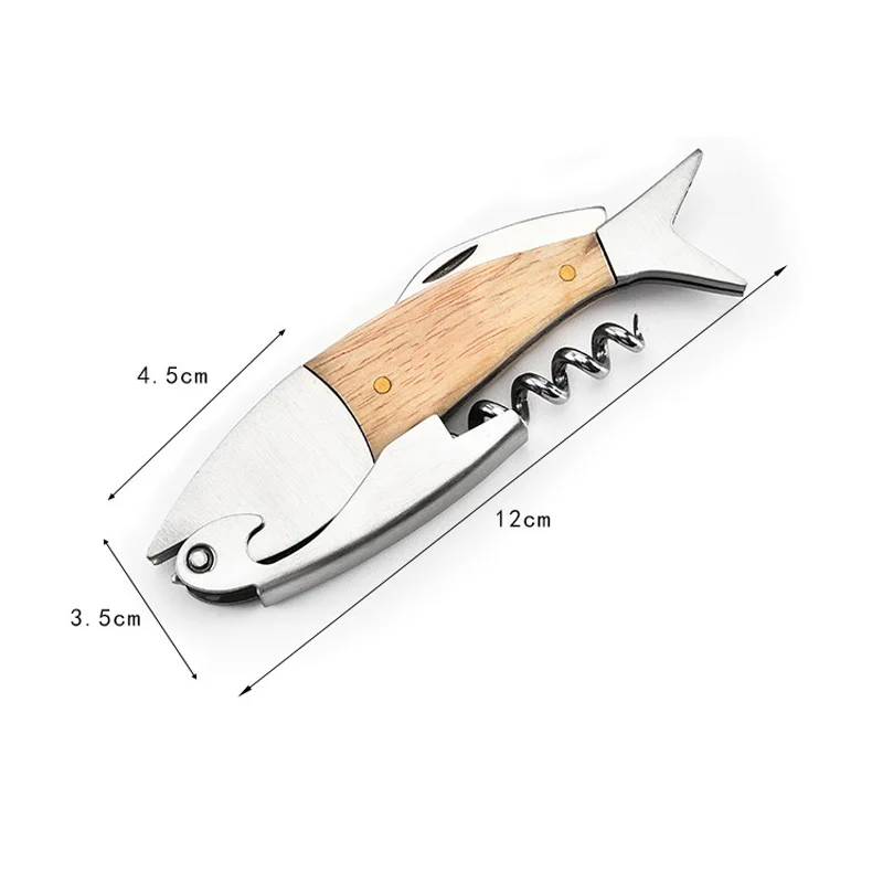 Cute Fish Shaped Wine Opener Wood Handle Professional Metal Openers Multifunction Portable Screw Corkscrew Wine Bottle Opener