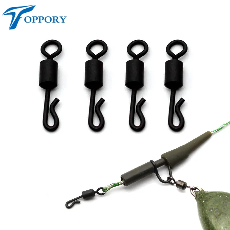 Toppory 30ps Carp Fishing Terminal Tackle Quick Change Swivels Size 8 Matt Black Anti Glare Rolling Long Body  Kwik Swivels Clip