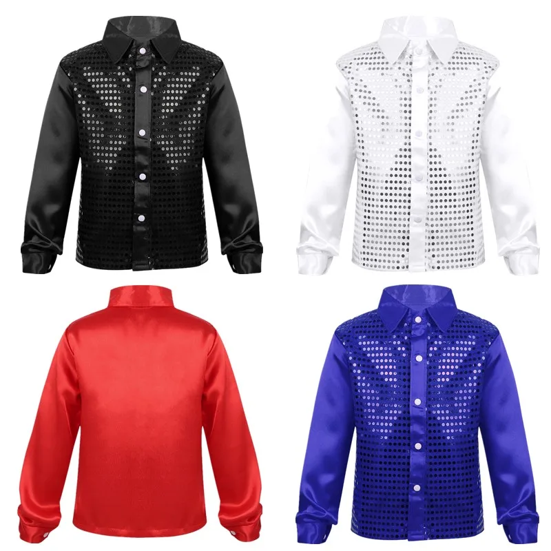 Shiny Sequined Kids Boys Jazz Dance Shirt Tops Children Long Sleeve Spread Collar Shirts For Choir Stage Performance Costumes