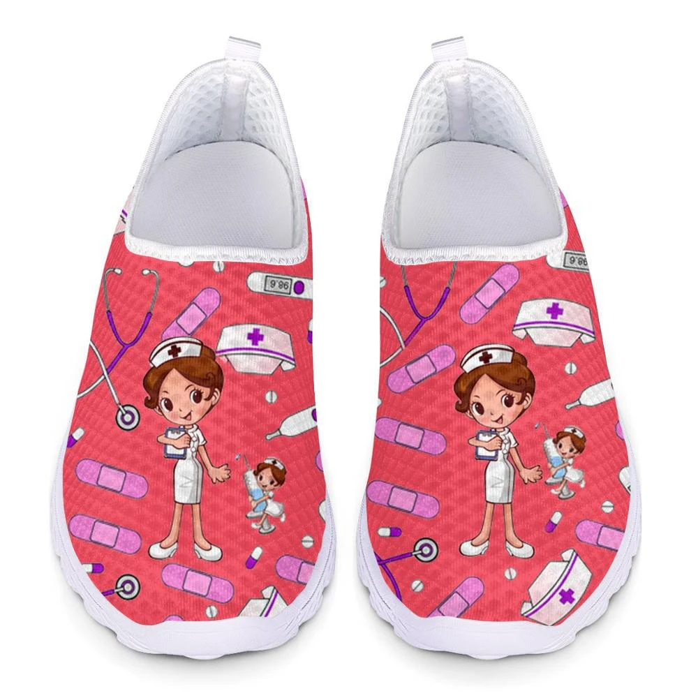 

WHEREISART Hot Pink Cartoon Nursing Shoes for Women Summer Beach Slip On Sneakers Casual Ligthweight Breath Ladies Nurse shoes