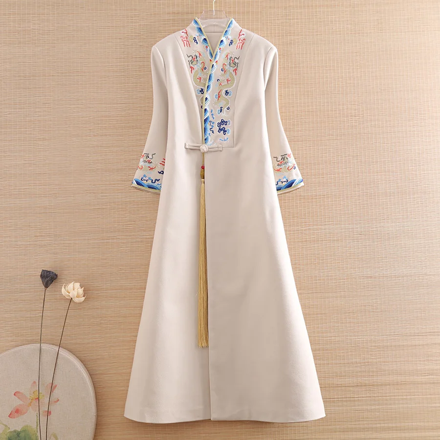 Autumn And Winter Women Parka Outerwear Retro Embroidery Tassel Elegant Lady Chinese Style Wool Trench Coat Female S-2XL