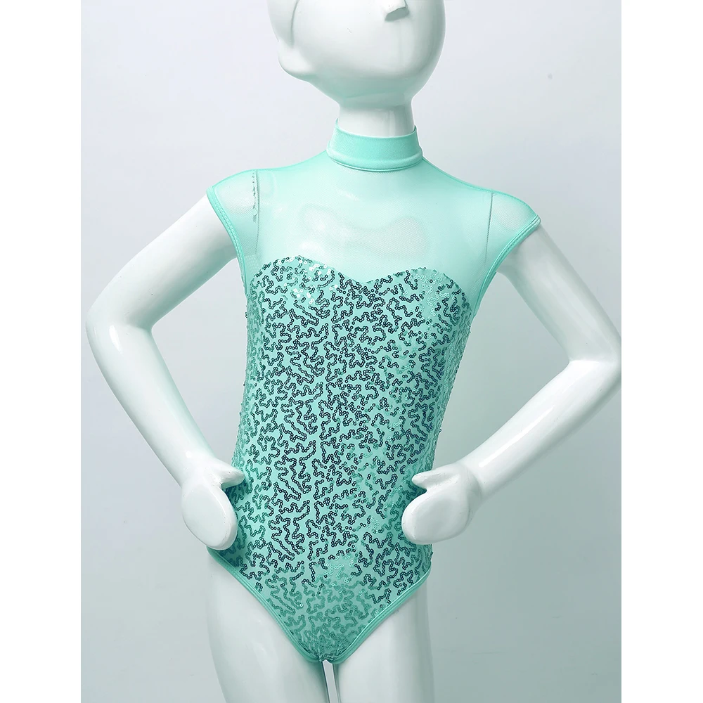 Gymnastics Leotard for Girls Ballet Tutu Sparkly Sequins Sleeveless Mock Neck Tulle Splice Keyhole Back Ballet Dance Jumpsuit