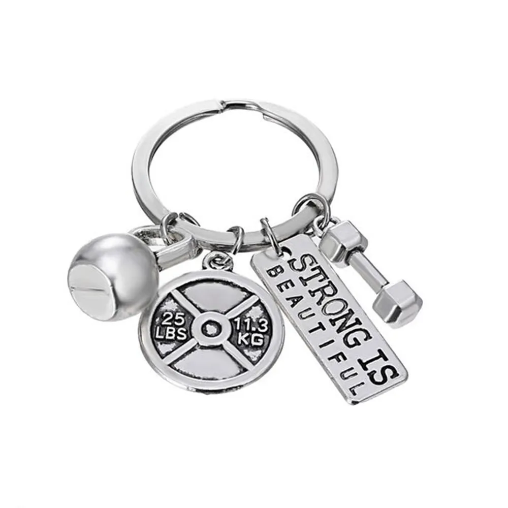 1pcs Strength Sports Barbell Dumbbell Charm Weight Fitness with Words Gym Crossfit Gifts Keyring Keychain Car Key Rings Keyring