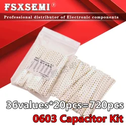 36 valores x20pçs = 720 peças 1pf ~ 10uf 0603 capacitor smd kit conversor de capacitores kit de amostras eletrônico diy