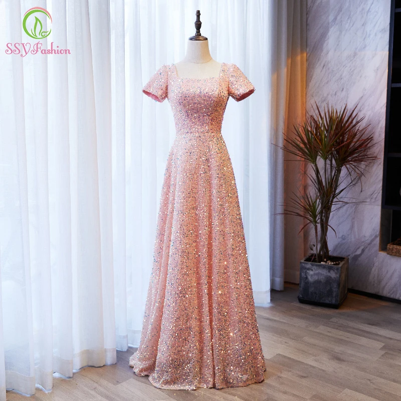 

SSYFashion New Sweet Pink Evening Dress Square Collar Straight Short Sleeve Glittering Full Sequins Formal Party Gowns for Women