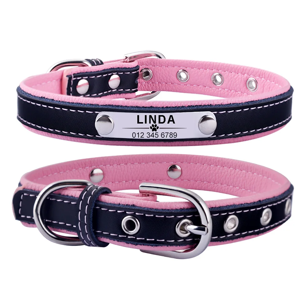 Custom Leather PU Dog Collar Soft Padded Dog Collars Personalized Pet ID Necklace Free Engraved Name Paw For Small Medium Dogs