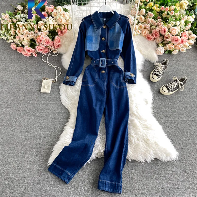 

Autumn Denim Jumpsuit Women 2021 Fashion Loose High Waist Jumpsuits Jeans Romper Spliced Belt Long Sleeve Denim Overalls Female