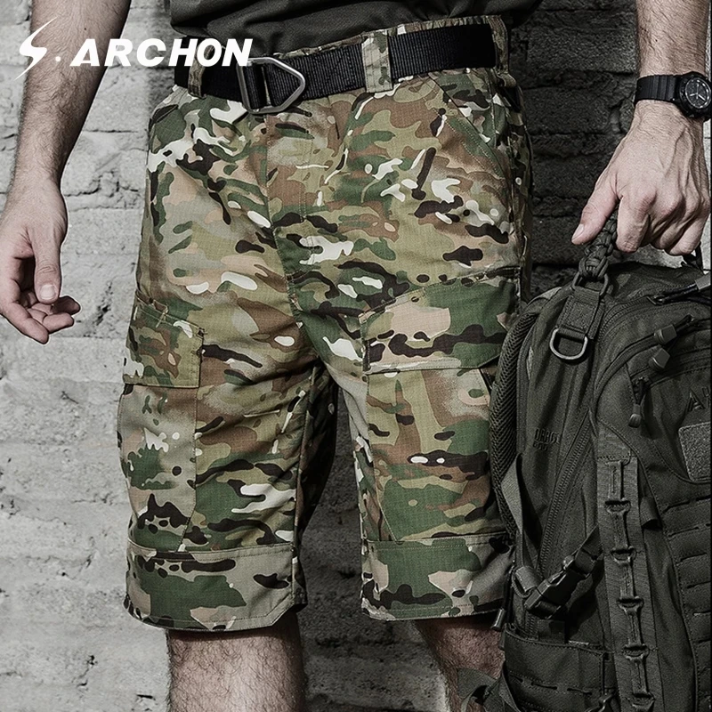 Men Summer Military Camouflage Cargo Shorts Men Casual Multi Pocket Waterproof Cotton Shorts Ripstop Army Tactical Shorts