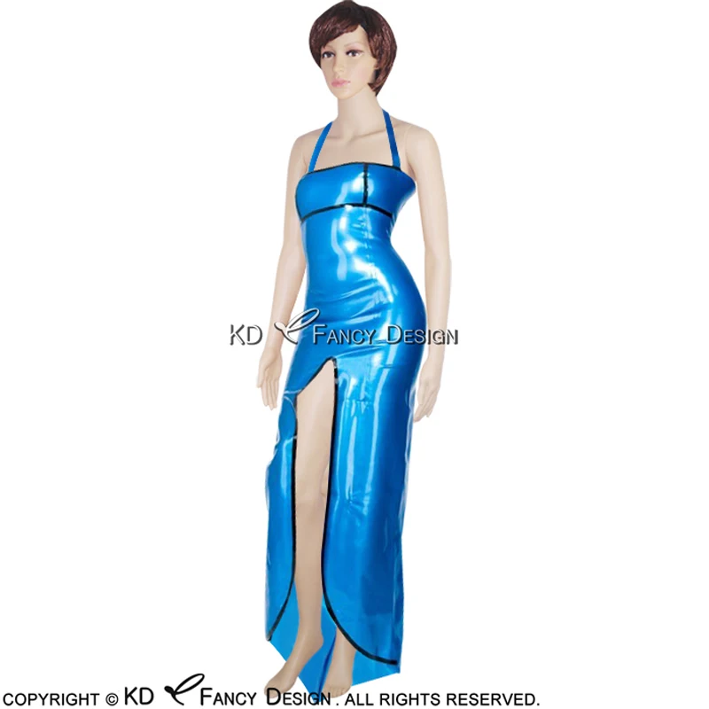 Blue And Black Halter Sexy Latex Dresses With Slit At Front Lacing Back Rubber Gown Bodycon Playsuit LYQ-0020