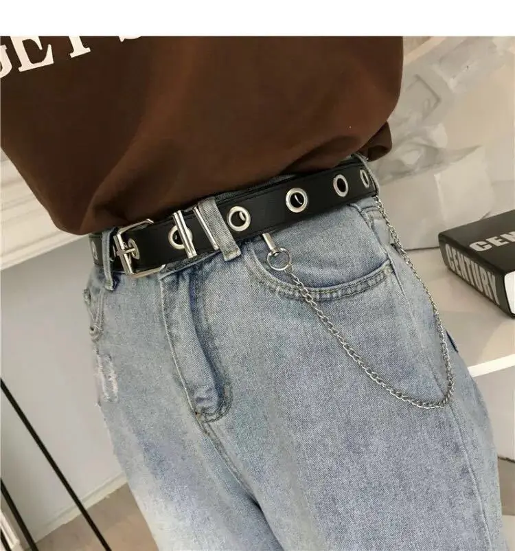 Women Punk Chain Leather Belt Adjustable Double/Single Row Hole Pin Buckle Waist Belts Jeans Cinturones Decorative Belt