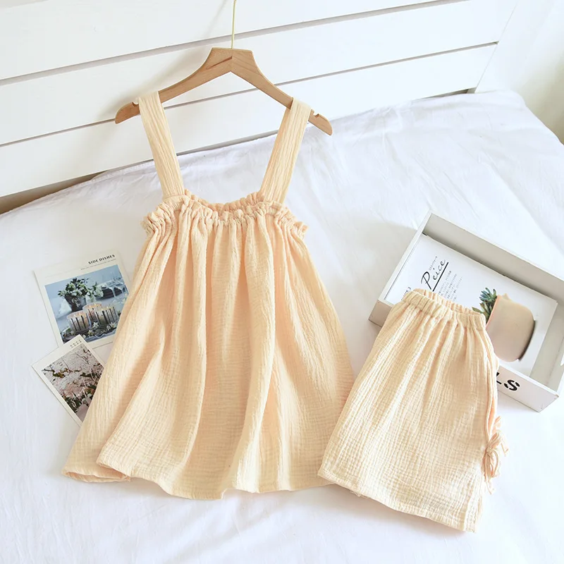 2024 Summer New Style Ladies Pajamas Two-piece 100%Cotton Crepe Suspender Shorts Vest Suit Sweet And Loose Home Service Sexy Pjs