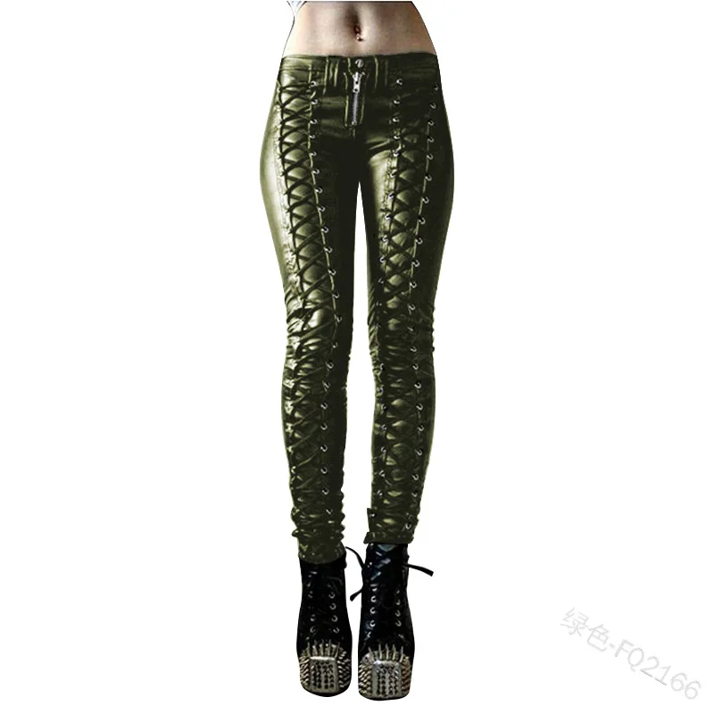 Steampunk Women Faux Leather Pants Carnival Party Skinny Button Trousers Rock Cool Long Pants Streetwear Black/Red S-5XL