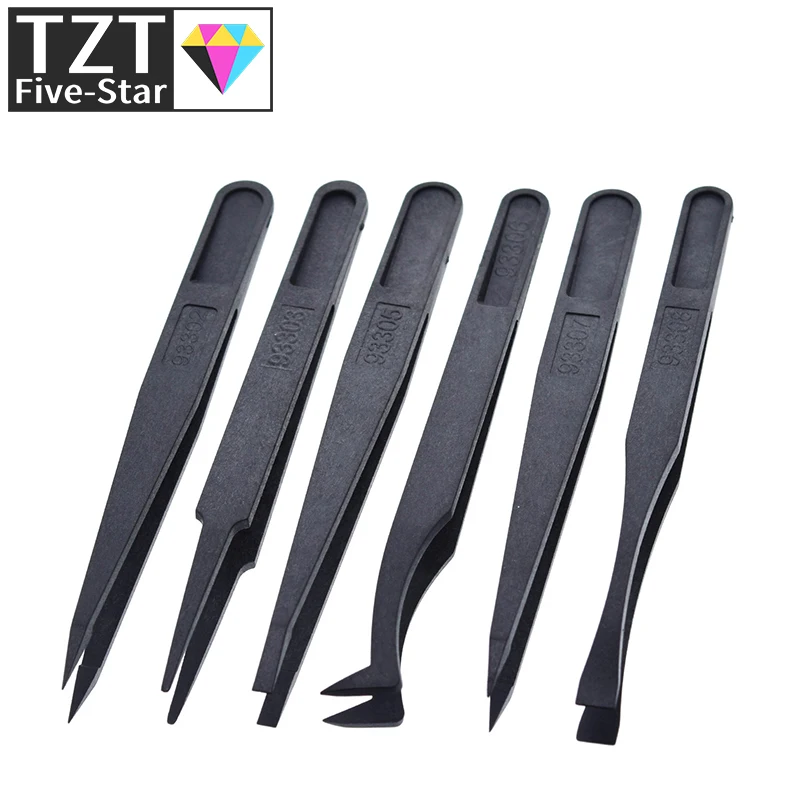 TZT 6pcs Anti-static Electronic Tweezers Kit ESD Plastic Forceps PCB Repair Hand Tools Set