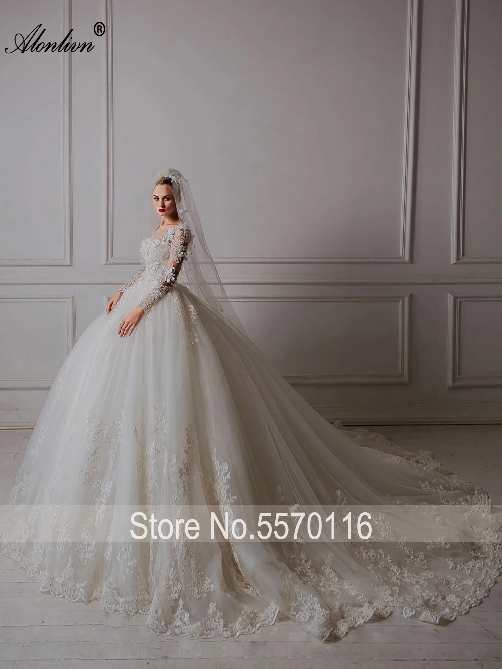 Alonlivn Estido De Novia Arabic Luxury V-Neck Tulle Applique Long Sleeve Wedding Dress Elegant O-neck Wedding Bridal Gowns