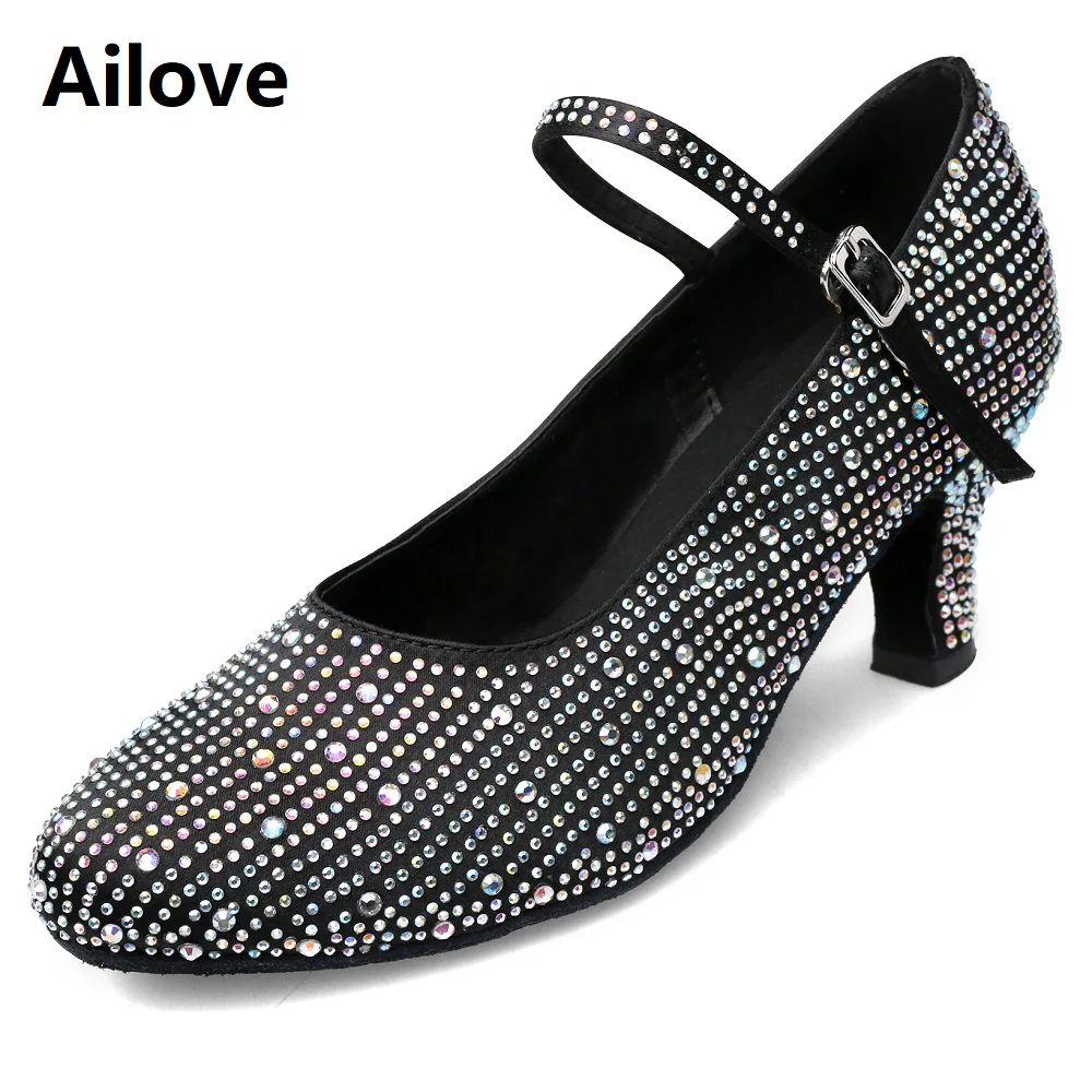 Ailove Women`s Modern Dance Pumps Black Satin Rhinestone Party Wedding Closed-toe Practice Dancing Shoes Latin Dancer Heels S55