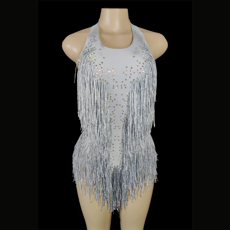 Sparkly Kristallen Fringe Bodysuit Vrouwen Dj Jazz Dance Kostuum Met Strass Stage Performance Nachtclub Tonen Outfit