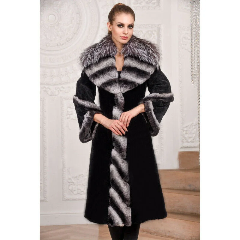 

Fashion Long Real Rex Rabbit Fur Coat with Silver Fox Fur Turn-down Collar Winter New Women Full Pelt Genuine Rabbit Fur Coats