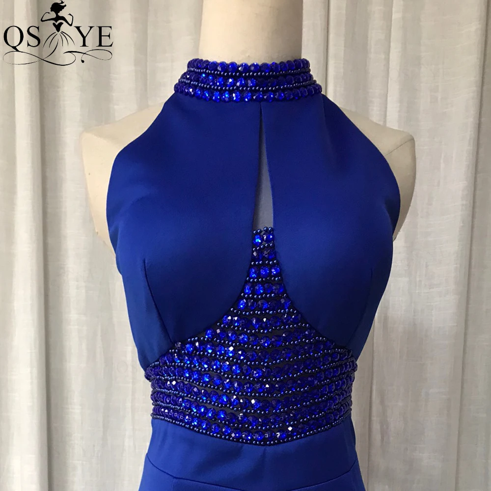 Robe de soirée de forme sirène pour femmes, tenue de soirée, col licou, col haut, perles de cristal, extensible, fendue, de standing, bleu Royal