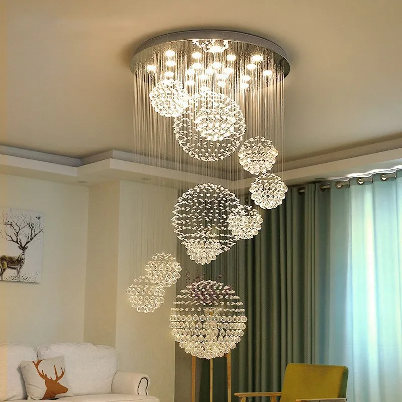 Modern large LED crystal bal chandelier in duplex building Simple pendant light lamps stairs villa hotel lobby living room