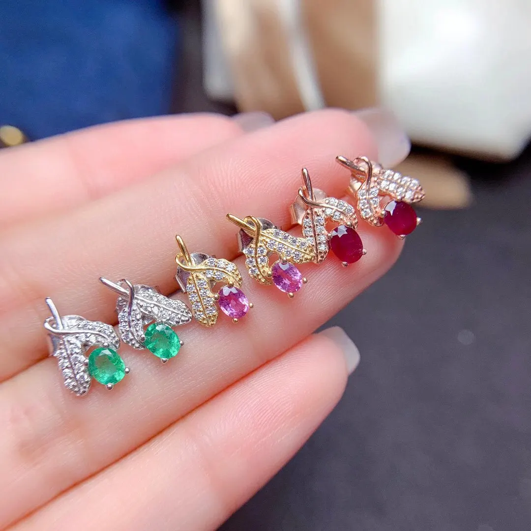 925 Silver Leaf Stud Earrings for Young Girl 3mm*4mm 100% Natural Pink Sapphire Emerald Ruby Earrings Woman Brithday Gift