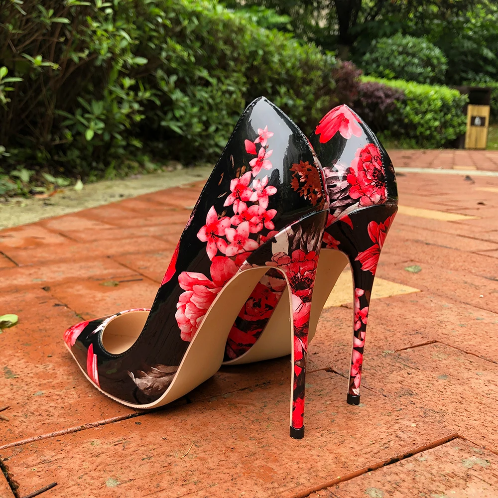 Tikicup Women Gloossy Floral Printed Pointed Toe High Heels 8cm 10cm 12cm Ladies Party Dress Shoes Sexy Patent Stiletto Pumps