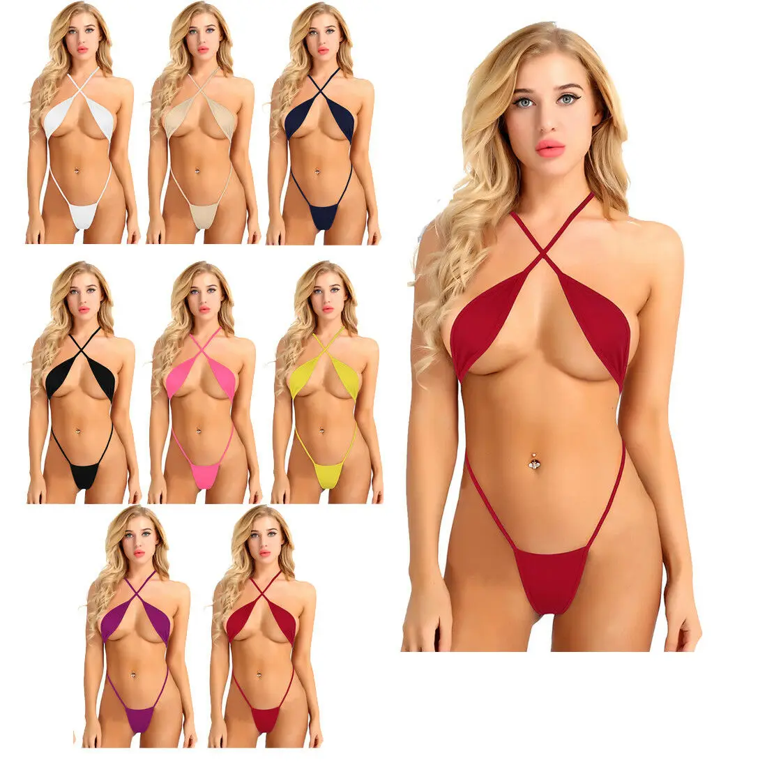 Woman\'s Solid Color One Piece Sling Shoot Monokini Halter Y Back Thong Mircro Bikini Extrem Brazil Swimsuit Sunbathing Suit