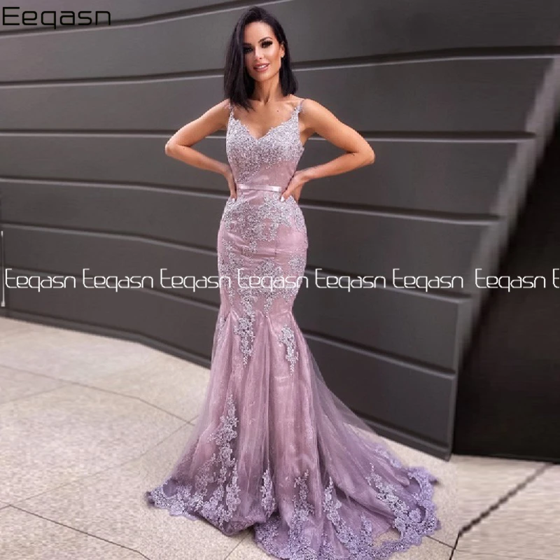 Eeqasn – Robe De soirée De forme sirène, tenue De bal longue, sans manches, avec des Appliques en dentelle