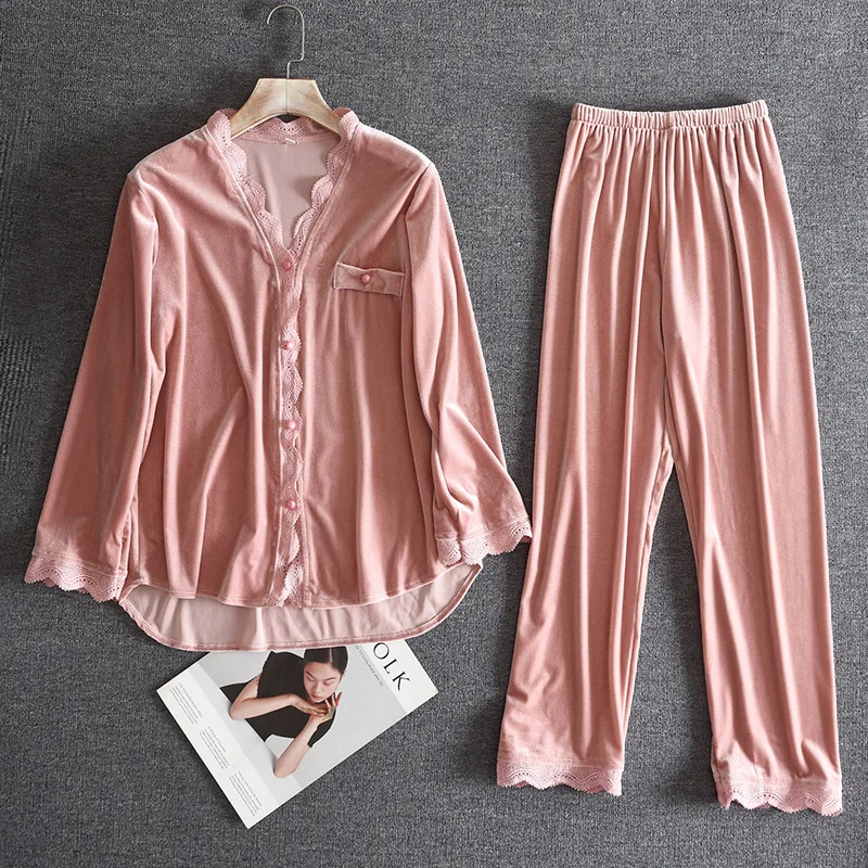

Full Sleeve Lace Women Pajamas Sets 2PCS Velour Pyjamas Suit Bride Sleepwear Sexy V-Neck Nightwear Lingerie Autumn Home Clothes