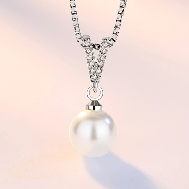 New 925 Sterling Silver Freshwater Pearl CZ Pendant Necklace Fine V Glyph Rhinestone Drop Necklaces Women Wedding Jewelry Gift