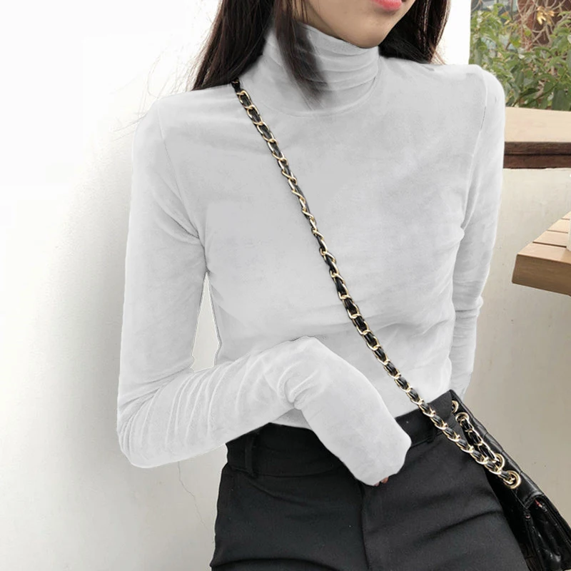 Turtleneck Velvet Tops Women Long Sleeve T Shirts Solid Color 2023 Spring Autumn Velour T-Shirts Women Basic Shirt