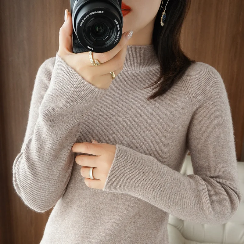 2022 half high neck cashmere sweater women\'s winter cashmere Pullover knitted women\'s long sleeve thick loose Pullover