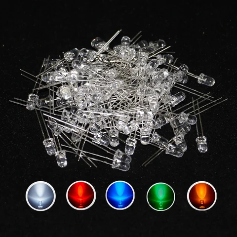 500pcs 20Ma F5 5MM Long Lead Transparent Ultra Bright White LED Diode kit pack 5Colors Red White Yellow Green Blue