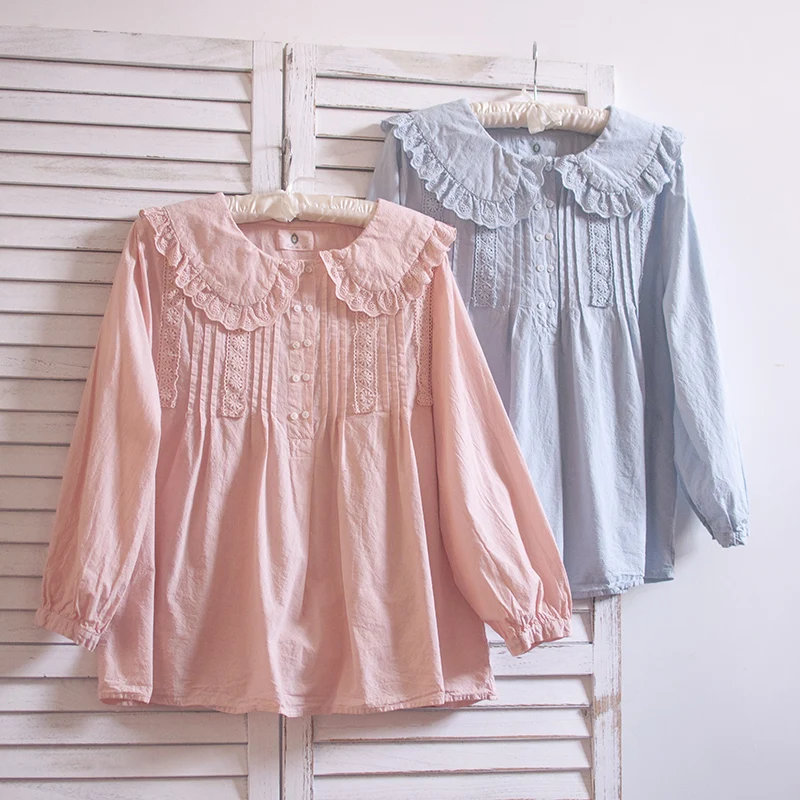 TIYIHAILEY Free Shipping 2021 New Spring Autumn Cotton Tops Women Tees White Japan Style Loose Embroidery Turn Down Collar