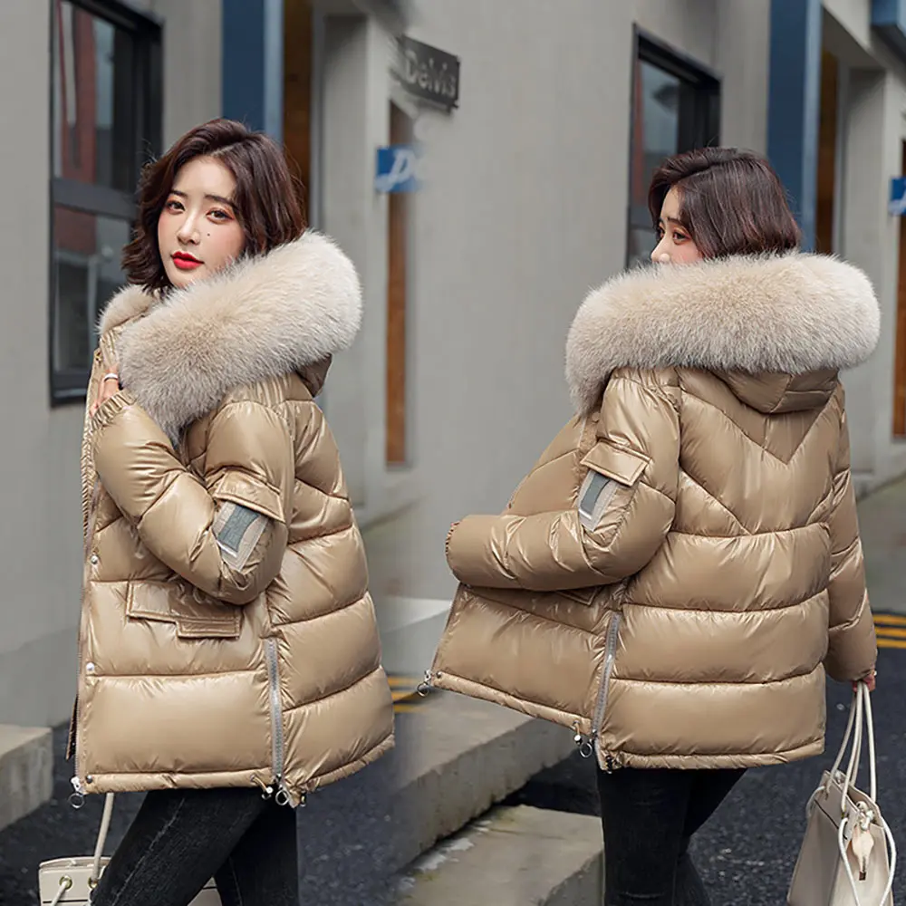 PinkyIsBlack Women Winter Hooded Thick Short Jacket Solid Casual Glossy Warm Cotton Padded Parkas Fur Collar Winter Coat Women