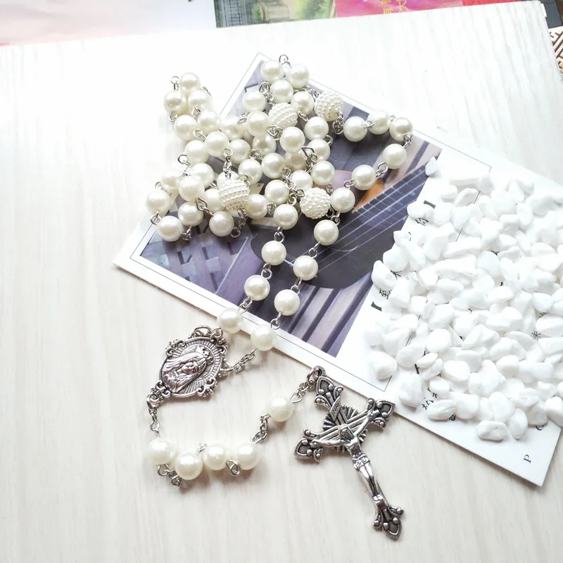 QIGO White Acrylic Pearl Long Catholic Necklace Cross Pendant Rosary Necklace Religious Jewelry