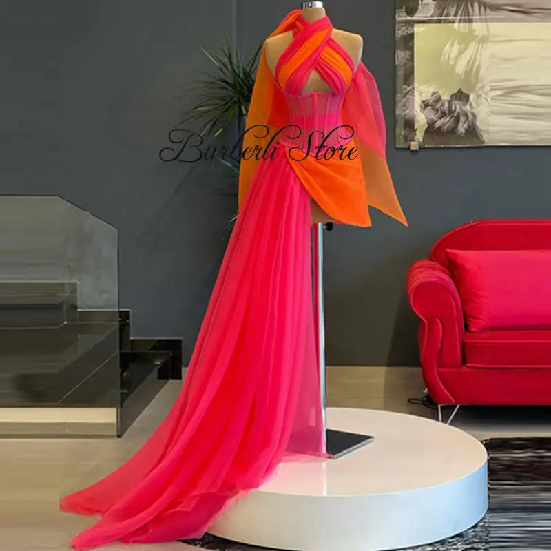 

New Fashion Mix Color Tulle Long Dress To Celebrity Party Custom Made Colorful Mesh Prom Gowns Sexy See Thru Short Dress