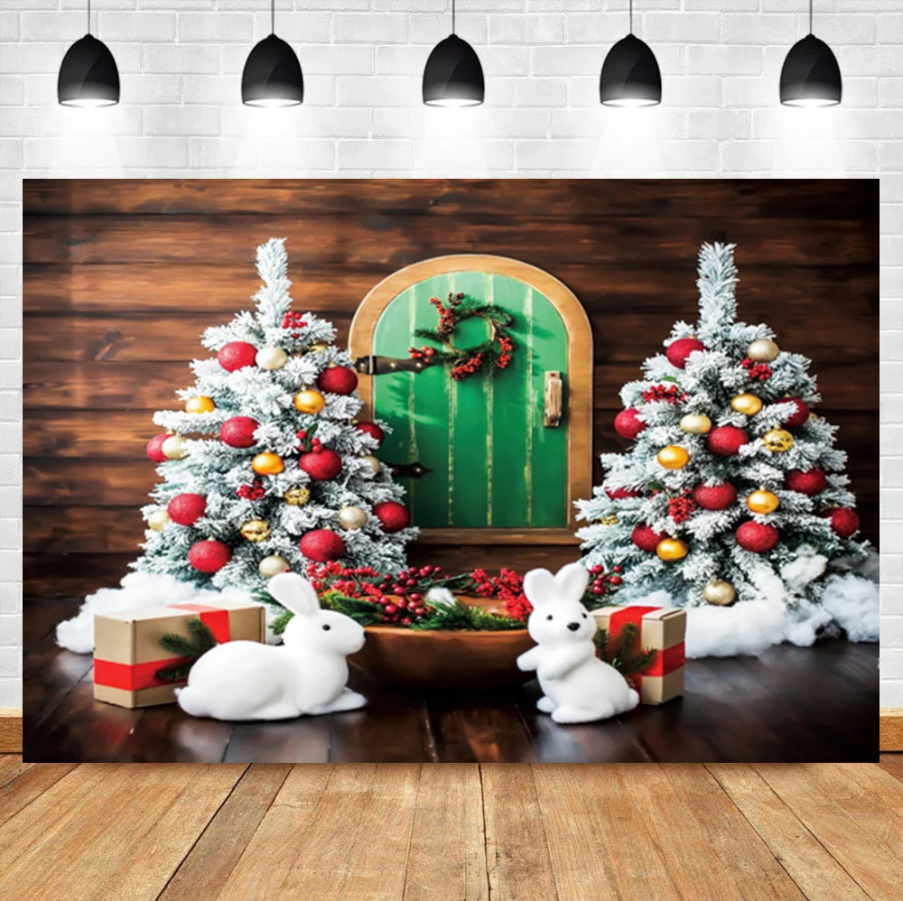 White Christmas Tree Rabbit Wooden Green Door Gift Baby Birthday Photo Background Photographic Backdrop For Photo Studio